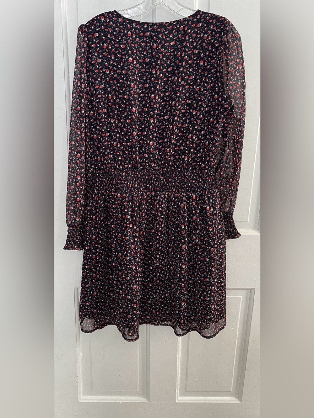 LOFT Ladybug print chiffon dress navy red long sleeves size M - Picture 3 of 5
